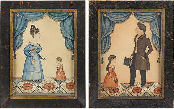 A pair of portraits of the Thompson family of Portsmouth, New Hampshire, circa 1833, includes mother Eliza Burt with daughter Caroline and father Zara with daughter Elizabeth. The sitters are pictured in matching interiors, and the pictures are inscribed faintly on the backboards, &ldquo;Eliza Burt Thompson wife of Zara Thompson and daughter Caroline born Christmas Day in 1831, died Portsmouth Sept. 26, 18[?]&rdquo; and &ldquo;Zara Thompson and wife Eliza Burt Thompson their eldest child Elizabeth Greenough Thompson born Sept. 22, 1826. Married James Morland and died in Chicago Jan. 8, 1916.&rdquo;