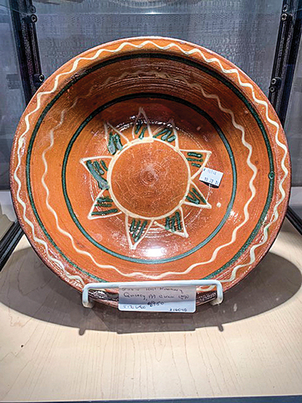 A Snow Hill Nunnery redware bowl attributed to John Bell was priced at $6950 by Ed Goodhart of Goodhart’s Antiques, Shippensburg, Pennsylvania.