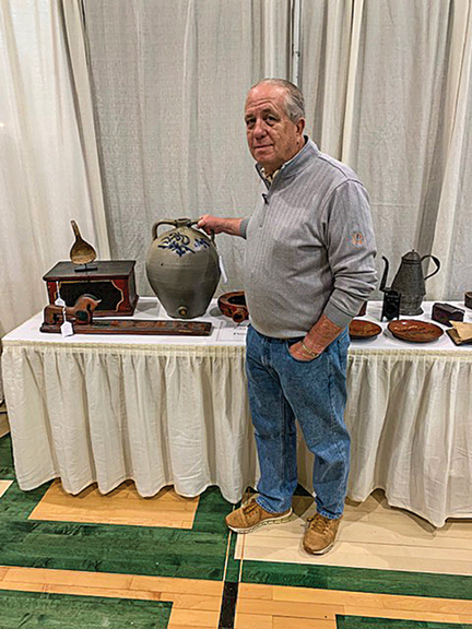 John Hartman of Lancaster, Pennsylvania, asked $2500 for the six-gallon stoneware cooler (with restoration), possibly by John Remmey III, marked “JR.”