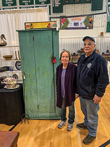 Elizabeth and John DeSimone of Goosefare Antiques & Promotions, Saco, Maine, were late additions to the show. The couple sold the blue cupboard.