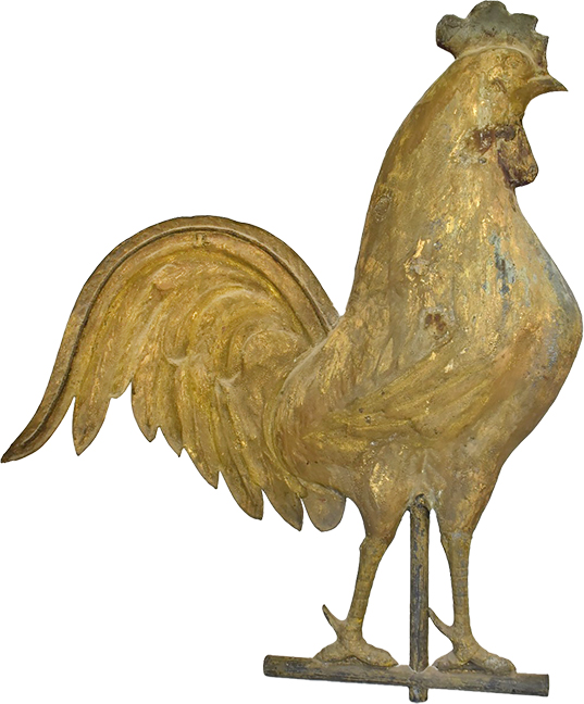 Huge Folk Art Gilt Copper Rooster Weathervane, 19th c., H. 28