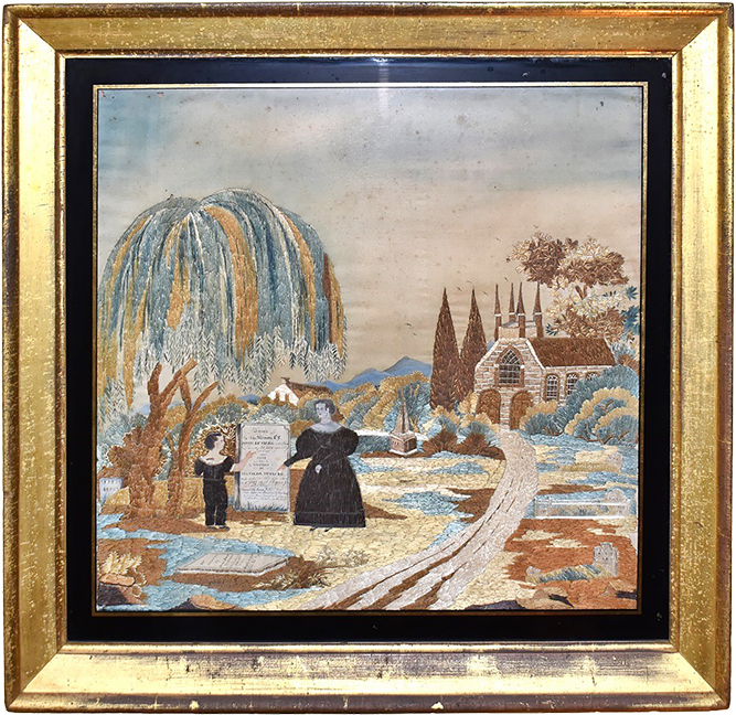 Folk Art Mourning Needlepoint “McHard Family,” c. 1830, H. 25