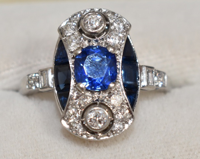 Art Deco platinum blue sapphire/diamond evening ring with 1.15 ct. natural Pailin sapphire center stone with 0.75 ct. side stones & 0.75 ct. diamonds, c. 1920, weight 4.7 dwt, size 9.