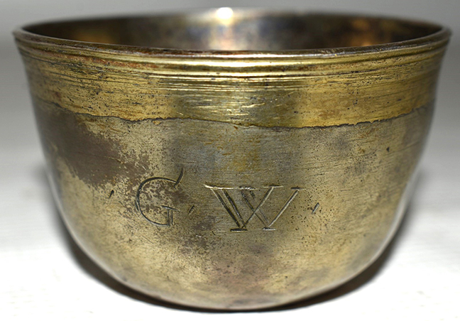 Colonial Silver/Gold Camp Cup w/Initials &ldquo;G.W.&rdquo; Hallmarked Zig-Zag, C.W. & Unknown Image, 18th century, H. 1&frac34;