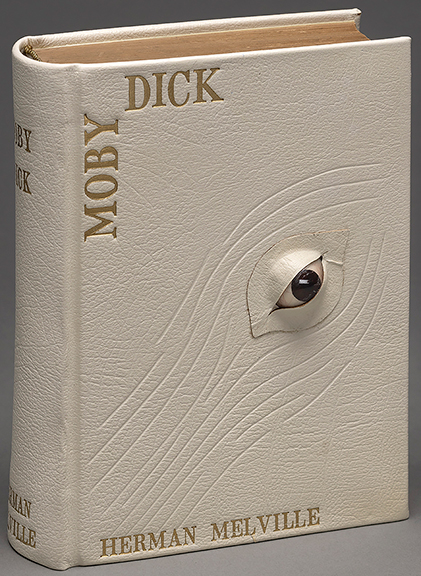 Chaim Ebanks, bookbinder, and Susan Ebanks, designer, Exeter Bookbinders, Devon, England. Moby Dick; or, The Whale, published 1930. Custom binding in white chieftain goatskin leather with blind tooling, gilt lettering, and glass prosthetic eye, 2023. Purchase made possible by Arthur and Judi Rubin, 2023. Courtesy Phillips Library, Peabody Essex Museum, Rowley, Massachusetts. Photo courtesy Kathy Tarantola.