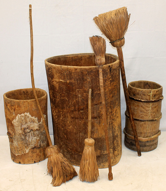 Great antique hornbeams shown with four fantastic late 18th- to early 19th-century shaved brooms