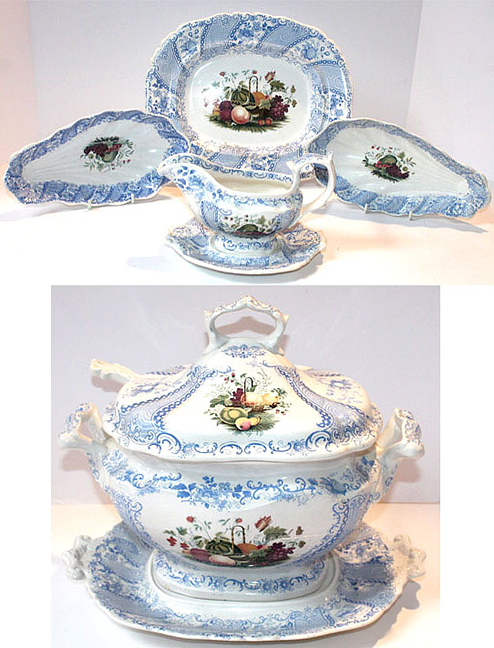 Large collection of William Smith & Co. Wedgwood “Fruit Basket” pattern including soup tureen, platters & serving pieces.