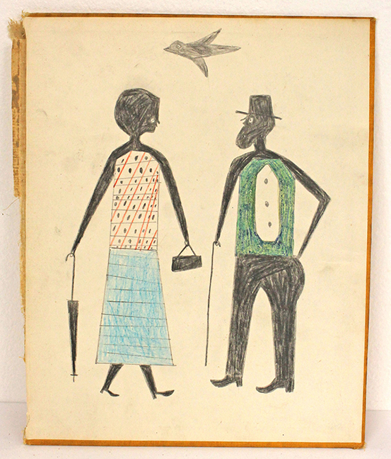 Great Folk Art drawing with very strong attribution to Bill Traylor (and very possibly done by his hand), done on back cover of a text book and signed on verso.