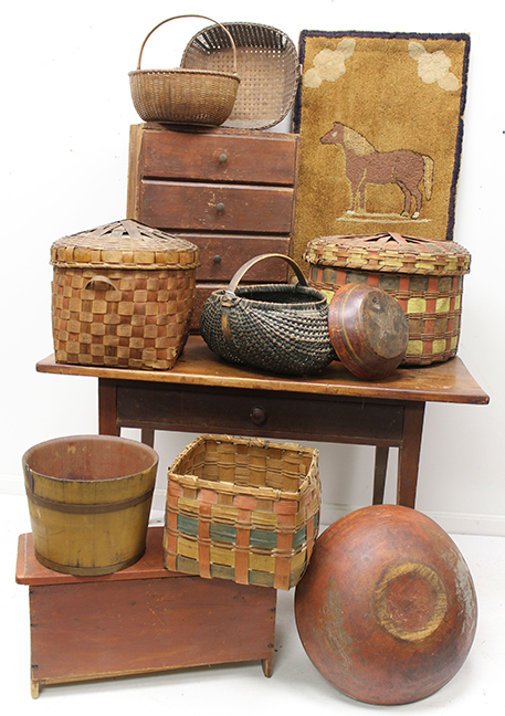 Showing just a sample of the wonderful antique baskets, painted treen, hooked rugs, & painted country furniture