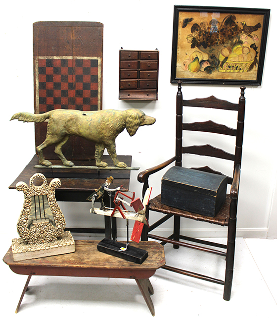 Showing a sample of the many fabulous pieces of folk art, incl. weathervanes, whirligigs, watch hutch, game boards, etc.