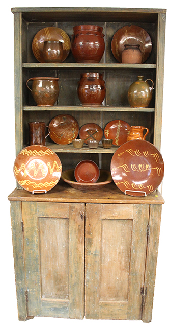 Great country painted cupboards, incl. this canted stepback showing just some of the antique redware