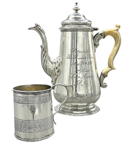 George II silver baluster coffeepot, inscribed “Retrieved from / The President’s Palace / Aug 24th 1814 / 2nd Lieut / Lewis Agassiz / RM,” with a crest of a flaming torch, made by Elizabeth Godfrey, London, 1742, 22 cm high, approximately 21 oz., together with a Victorian small silver tankard with same family crest of a flaming torch by John and Henry Lias, 8 cm high, approximately 4 oz., sold for £21,328 ($27,612 U.S.) at John Rolfe Auctions in Tetbury, Gloucestershire, U.K.