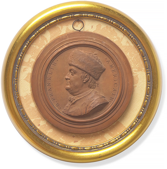 Jean-Baptiste Nini (Italian, 1717-1786), terra-cotta portrait medallion of Benjamin Franklin wearing a fur hat, signed and dated &ldquo;Nini / F 1777&rdquo; and dated again &ldquo;1777,&rdquo; with legend &ldquo;B. FRANKLIN AMERICAIN,&rdquo; medallion 45/8