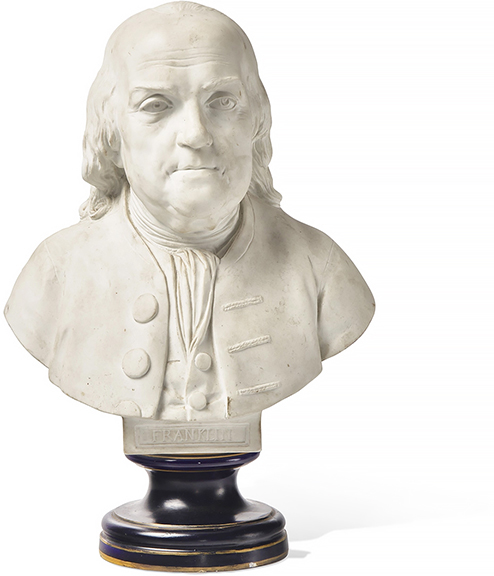 This S&egrave;vres bisque porcelain bust of Benjamin Franklin, second half of the 19th century, after the Franklin bust by Jean-Jacques Caffieri (French, 1725-1792), marked &ldquo;D.80.4 SEVRES,&rdquo; the base with red S&egrave;vres stamp, 13