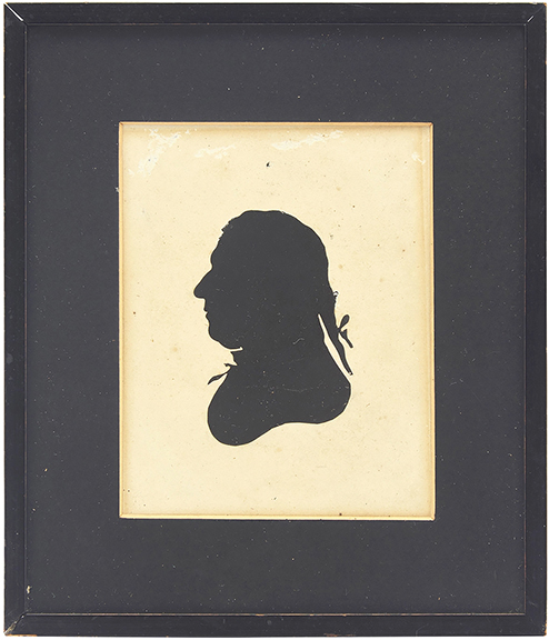 This silhouette profile portrait of William Russell Birch (1755-1834), an enamel painter, engraver, etcher, and father of artists Thomas and George Birch, attributed to Peale&rsquo;s Museum of Philadelphia, 4&frac34;