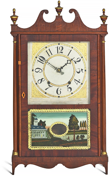 This Federal mahogany pillar-and-scroll shelf clock by Eli Terry Jr. & Co., Terryville, Connecticut, circa 1820, with a broken-arch pediment surmounted by three wood finials, a painted wood face, the door with an &eacute;glomis&eacute; panel depicting a riverside house, flanked by two turned colonnettes, over a shaped apron with bracket feet, the interior retaining the original label, 30