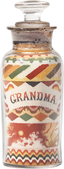 Sand art bottle by Andrew Clemens (1857-1894) of McGregor, Iowa, inscribed &ldquo;Grandma,&rdquo; 5&frac34;