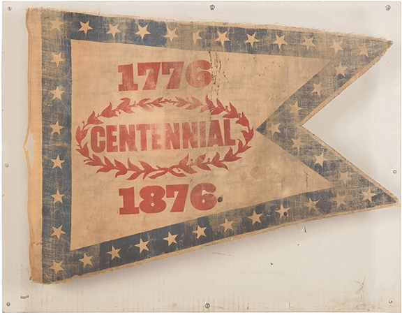 This printed glazed cotton Philadelphia Centennial Exposition pennant inscribed &ldquo;1776 / Centennial / 1876,&rdquo; 16&frac34;