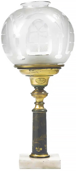 This brass and etched glass solar lamp by Cornelius & Co. (1838-51), Philadelphia, circa 1849, mounted on a marble base, with label reading &ldquo;Cornelius & Co., Philad. / July 24th, 1849, Patent. / April 1st. 1843,&rdquo; the shade etched with Gothic motifs, 20&frac14;