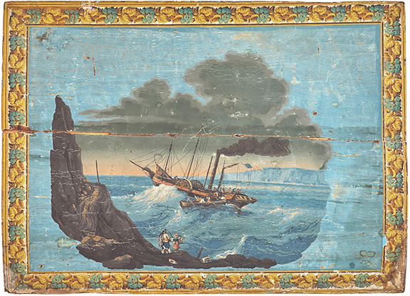 The wallpaper-covered fireboard depicting the &ldquo;Robert Fulton in Rough Waters,&rdquo; circa 1850, 33&frac12;