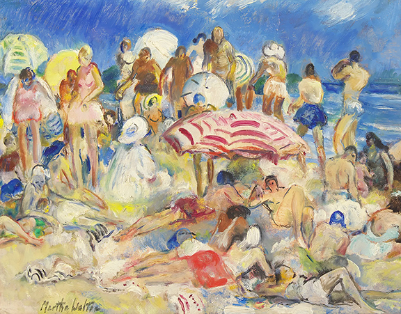 This small Martha Walter (1875-1976), Crowded Beach, oil on board, signed lower left, inscribed with title on the reverse, 14