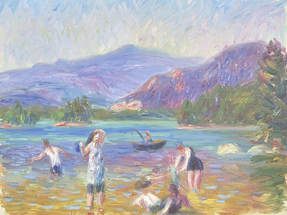 William Glackens (1870-1938), Bathers, Walker’s Pond (New Hampshire), circa 1922, oil on canvas laid to board, posthumously stamp signed “W.G. by E.G.” on the reverse, also titled, located, and dated in pencil on the reverse, 12
