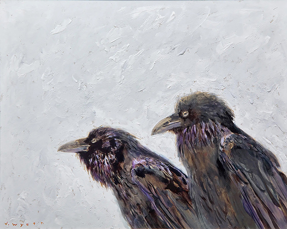 Jamie Wyeth (b. 1946), Raven Pair - Portrait, 1998, mixed media on board, signed, 15 7/8