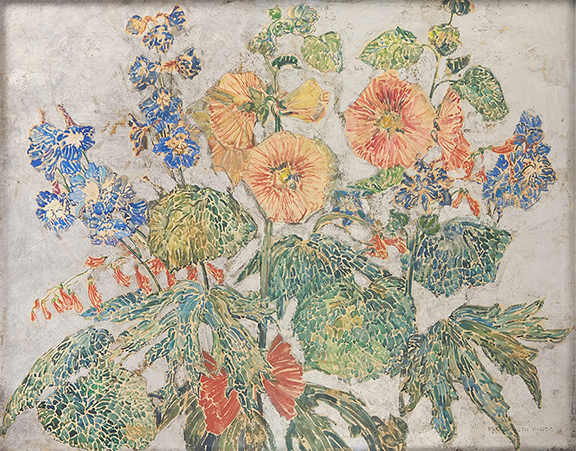 Mary Elizabeth Price (1877-1965), Pattern of Flower and Leaf, oil with silver leaf mounted to board, signed “M. Elizabeth Price,” also signed and titled on label on the reverse, 19
