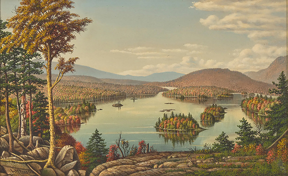 Levi Prentice (1851-1935), Blue Mountain Lake, oil on canvas of a popular vacation destination, signed “L.W. Prentice” lower left, 12