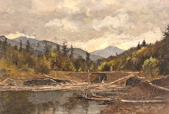 Lockwood de Forest (1850-1932), Adirondacks, 1874, oil on paper, signed, titled, and dated, 9 5/8