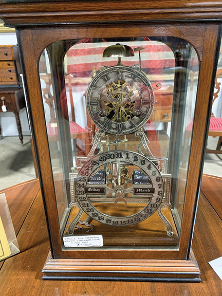 This very rare and pricey piece is an 1880s Ithaca box skeleton walnut clock offered by Ponzi’s Antiques, Trumansburg, New York. Paul Polce told us he had seen only a few others over the years. It was priced at $19,950 and was a real eye-catcher. Polce said he bought it from a clock collector at a private sale. It sold a few days after the show to a couple who walked into his shop. If you want one, he still has two others.