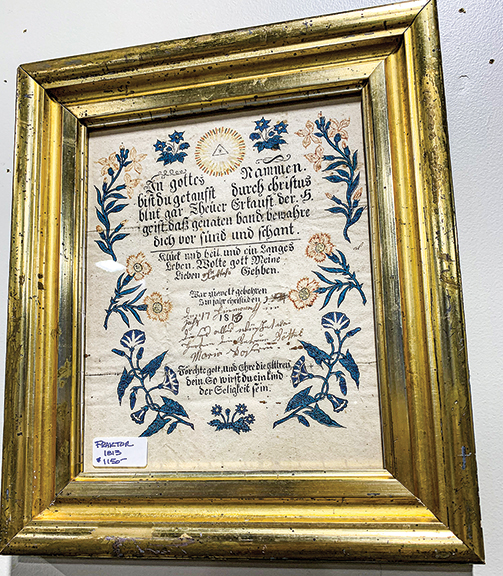 This circa 1813 framed fraktur was priced at $1150 by Gene and Nancy Pratt of Victor, New York. They told M.A.D. they did very well at the show and sold items in multiple categories, including furniture, artwork, stoneware, redware, and textiles.