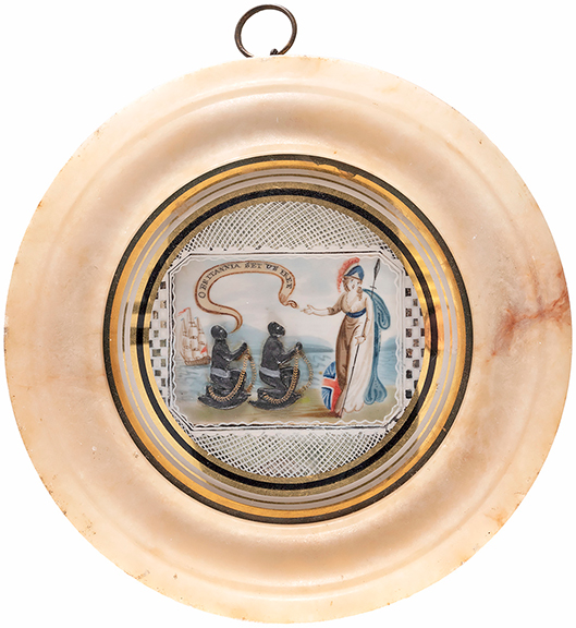 Antislavery alabaster plaque, 1810-30, wax, bone, and applied paint under a verre &eacute;glomis&eacute; dome with an alabaster frame, 5&frac12;