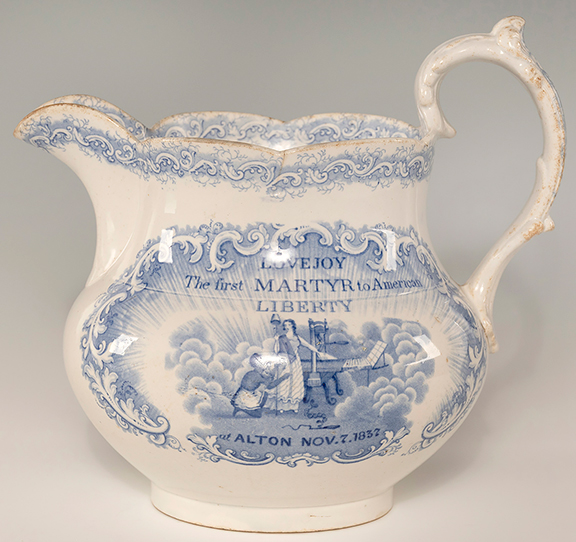 &ldquo;Lovejoy / The First Martyr To American / Liberty,&rdquo; a Staffordshire blue transferware ceramic pitcher, 6&frac34;