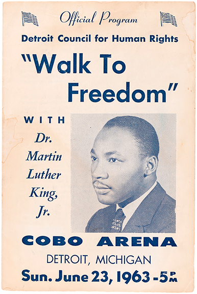 This eight-page official program of the &ldquo;Walk To Freedom&rdquo; rally with Dr. Martin Luther King Jr. at Cobo Arena in Detroit, Michigan, 1963, 9&frac14;