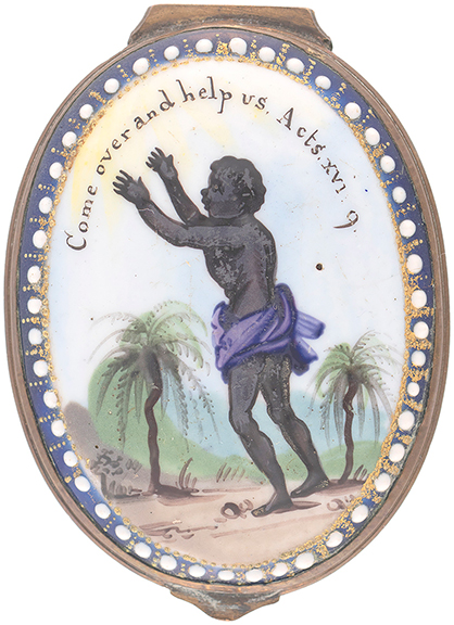 Battersea oval enamel patch box with a hand-painted porcelain insert in a brass box lid with a cobalt-painted base and mirror, 2.4