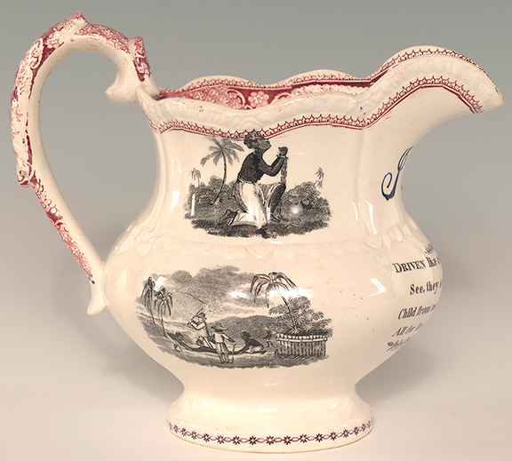 Staffordshire tricolor transferware pitcher with scenes of the trials of slaves, 6&frac12;