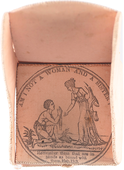 Anti-Slavery Society pink silk pincushion reading &ldquo;Am I Not a Woman and a Sister?,&rdquo; 2