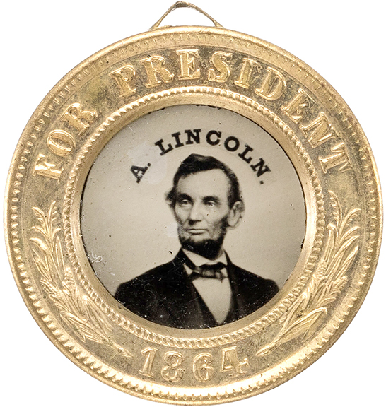 Back-to-back ferrotypes from the 1864 presidential reelection campaign of Abraham Lincoln and his running mate, vice presidential candidate Andrew Johnson, sold for $4500 (starting bid $750). The images are embedded in a 25 mm diameter (approximately 1