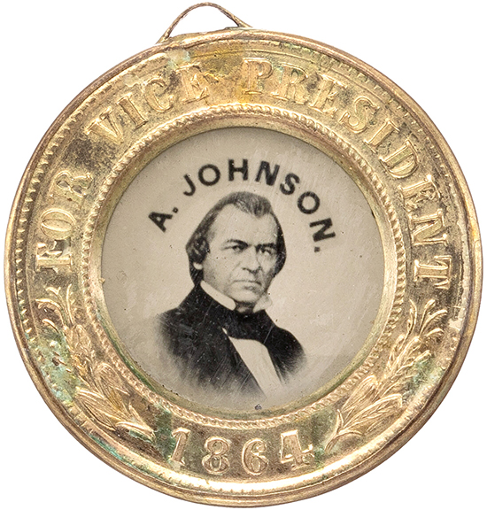 Back-to-back ferrotypes from the 1864 presidential reelection campaign of Abraham Lincoln and his running mate, vice presidential candidate Andrew Johnson, sold for $4500 (starting bid $750). The images are embedded in a 25 mm diameter (approximately 1
