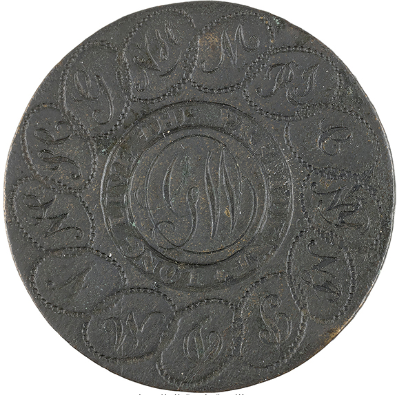 This “linked states” button from the inauguration of George Washington sold for $3750 (starting bid $1000). The 34 mm diameter (approximately 11/3
