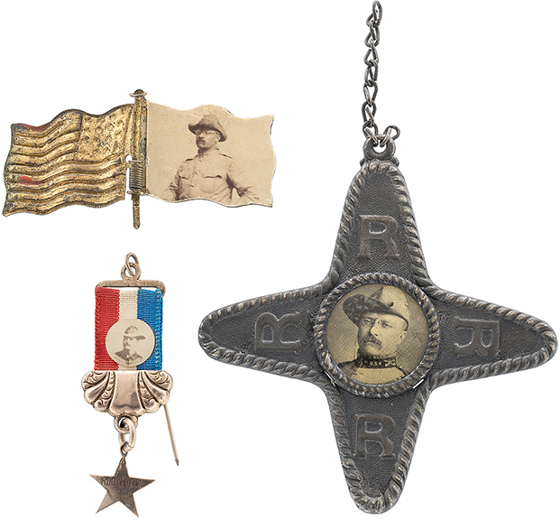 Three badges with photo images of Theodore Roosevelt in his Rough Riders uniform sold for $2750 (starting bid $500). The set included a 2½