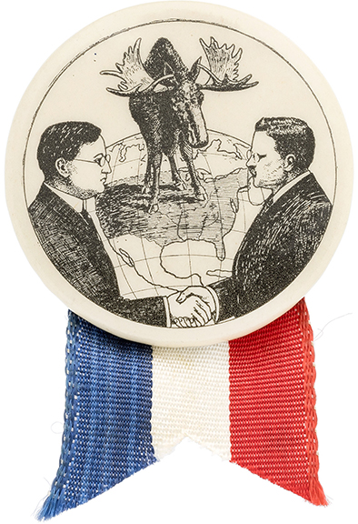 The cartoon jugate button featuring images of Hiram Johnson of California and Theodore Roosevelt of New York shaking hands across a map of the United States sold for $13,750 (starting bid $3000). Looking on is a bull moose, the symbol of the Progressive Party, a third party formed by Roosevelt after he lost the Republican nomination in 1912. The button is considered to be extremely rare.