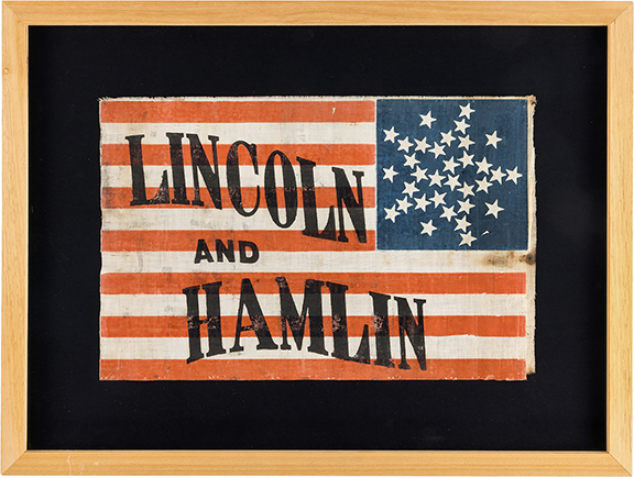 This Abraham Lincoln and Hannibal Hamlin 1860 campaign flag sold for $57,500 (starting bid: $20,000). The 11