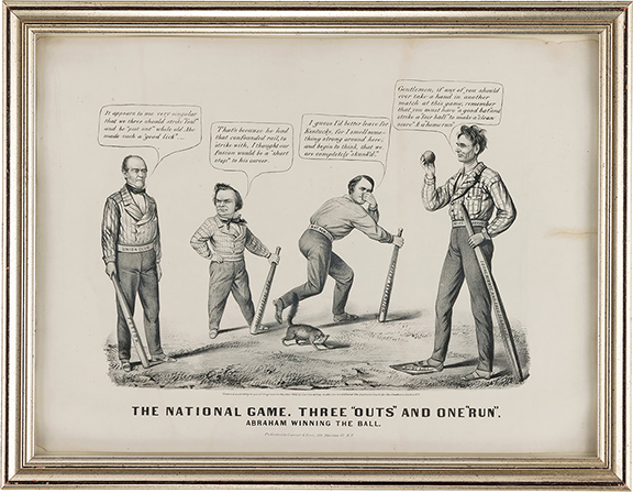 A Currier & Ives baseball-theme political cartoon, 13&frac12;