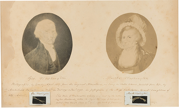 A framed display of photos and hair locks from George and Martha Washington sold for $30,000 (starting bid $10,000). The display, circa 1857, features photos of the Washingtons above handwritten explanatory text. Beneath the text are the respective locks of hair from the President and First Lady. The display included corroborating information from the Smithsonian Institution. The 8