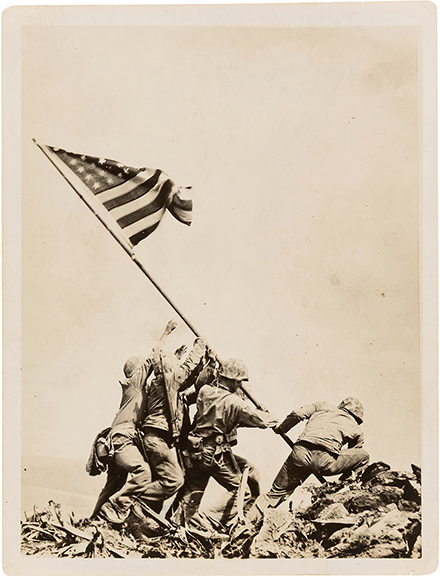 A set of 50 vintage Associated Press photographs of Iwo Jima, anchored by Associated Press combat photographer Joe Rosenthal&rsquo;s iconic Pulitzer Prize-winning Raising the Flag on Mount Suribachi, Iwo Jima, sold for $21,250 (starting bid: $10,000). Rosenthal shot the photo on February 23, 1945, and it quickly appeared in thousands of publications. The photo won the Pulitzer Prize for photography in 1945. The set of 4&frac12;