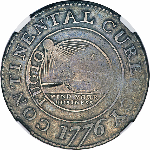 This 1776 Continental $1 coin struck in silver, sold for $1,312,500. The coin, shown obverse and reverse, is believed to have been designed by Benjamin Franklin and is one of only four known silver examples, which include the motto &ldquo;Mind Your Business&rdquo; alongside interlocking rings symbolizing the original 13 Colonies. The coin is 373.3 grains. The four Continental currency coins were struck from two die combinations attributed as Newman 1-C and 3-D. Each of the silver coins was struck over a Spanish 8 reales coin from the Mexico City mint. It was sold in the Liberty & Legacy auction on June 25.