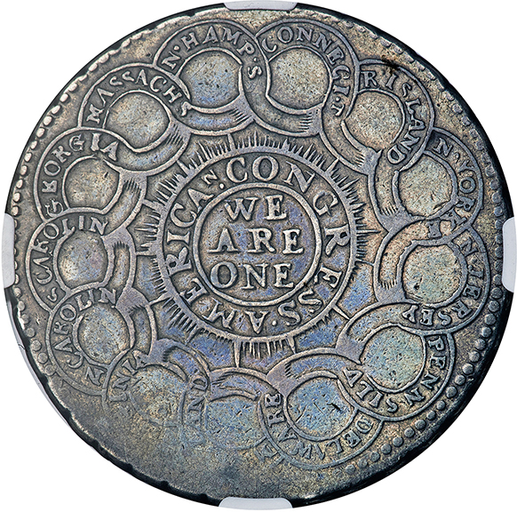 This 1776 Continental $1 coin struck in silver, sold for $1,312,500. The coin, shown obverse and reverse, is believed to have been designed by Benjamin Franklin and is one of only four known silver examples, which include the motto &ldquo;Mind Your Business&rdquo; alongside interlocking rings symbolizing the original 13 Colonies. The coin is 373.3 grains. The four Continental currency coins were struck from two die combinations attributed as Newman 1-C and 3-D. Each of the silver coins was struck over a Spanish 8 reales coin from the Mexico City mint. It was sold in the Liberty & Legacy auction on June 25.