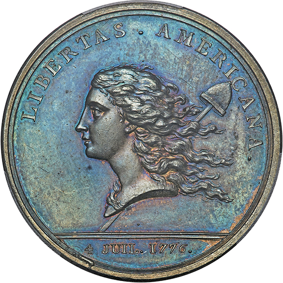 A circa 1783 silver Medal Libertas Americana Medal, shown obverse and reverse, sold for $475,000. The Libertas Americana could be the most important American medal. Examples were struck in bronze, silver, and gold. The silver example was selected to illustrate the front cover of 100 Greatest American Medals and Tokens, where this medal holds the top spot. The obverse side depicts a female head facing left, representing Liberty, her hair flowing back, with a pole and cap over her right shoulder. Above her head are the words &ldquo;LIBERTAS AMERICANA.&rdquo; The date, &ldquo;4 JUIL. 1776&rdquo; is below. The engraver&rsquo;s signature, &ldquo;DUPRE,&rdquo; is placed on the edge of the bust. The medal sold in the Liberty & Legacy auction on June 25. 